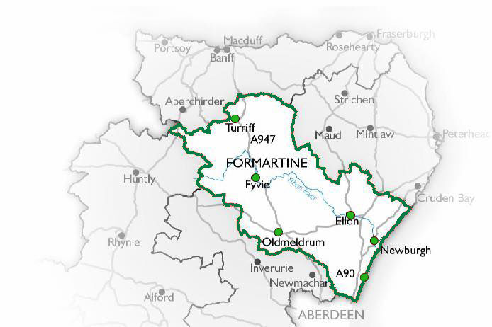 Map of the Formartine area showing the major settlements and transport links